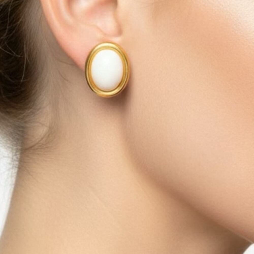 Vintage Napier Gold Tone White Cabochon Oval Stud Earrings Signed